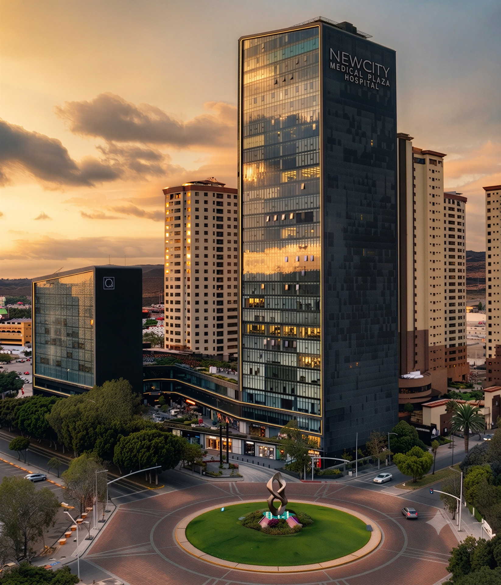 New City Medical Plaza Hospital tower in Tijuana at golden hour